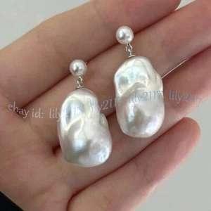 15-25MM REAL NATURAL WHITE FRESHWATER BAROQUE PEARL DANGLE SILVER STUD EARRINGS - Picture 1 of 7