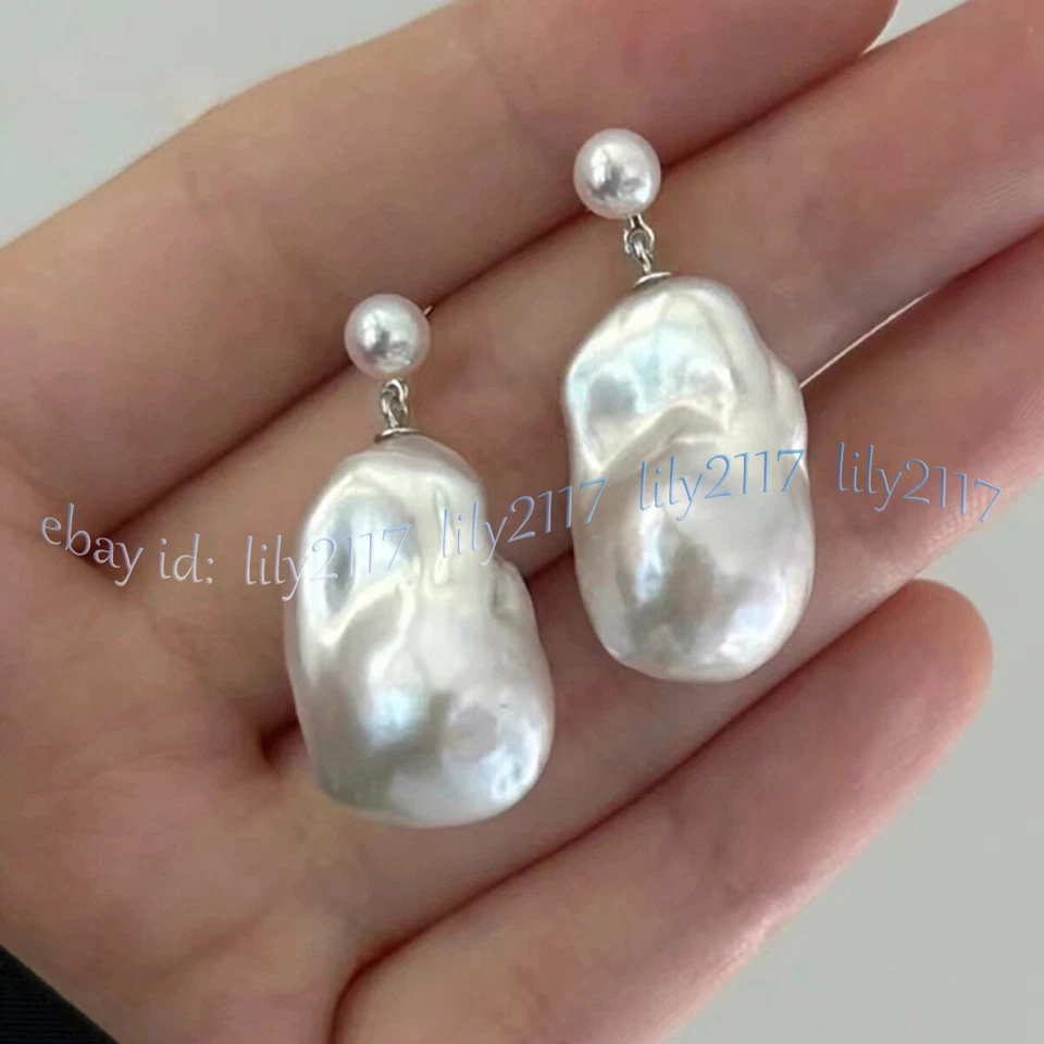 15-25MM REAL NATURAL WHITE FRESHWATER BAROQUE PEARL DANGLE SILVER STUD EARRINGS - Image 1 of 4