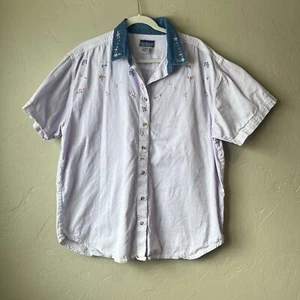 Vintage Button Up Blouse Floral Embroidered Contrast Collar 2x Cottage Boho XXL - Picture 1 of 10