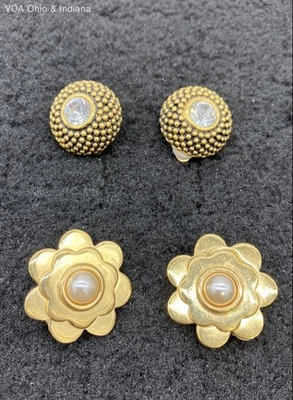 2 Pairs Of Vintage Joan Rivers Clip On Earrings Faux Pearl Flower & Crystal Dome - Image 1 of 4