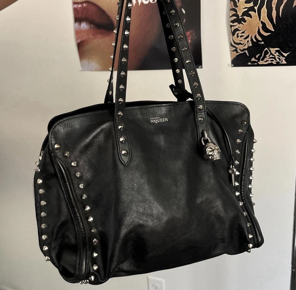 Alexander McQueen Skull Padlock Tote Black Lambskin Silver Studded Hardware - Image 1 of 4