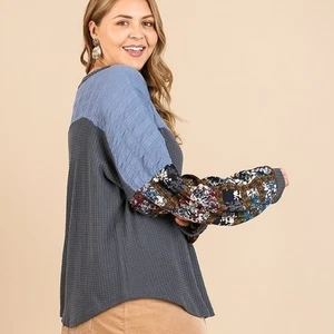 New UMGEE 1XL 2XL Floral Mixed Color block Print Long Sleeve Waffle Knit Top - Picture 1 of 8