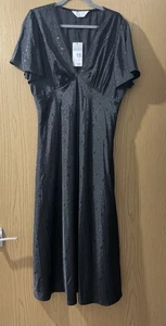 Black Silky Star Print Long Dress Midaxi Size 18 Lace Trim New with Tags - Picture 1 of 10
