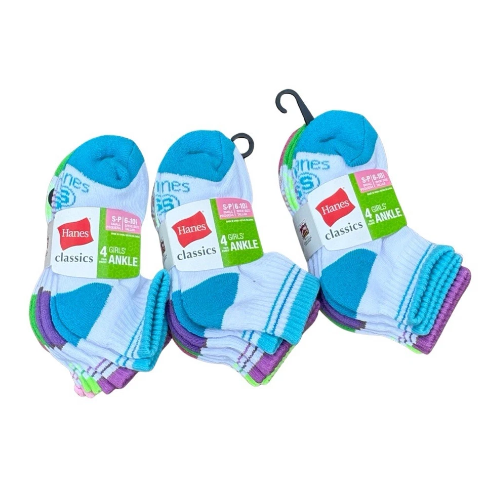 Lote de 3 paquetes de calcetines tobilleros Hanes para niñas talla S 6-10,5 coloridos 12 pares nuevos con etiquetas Foto 1 de 4