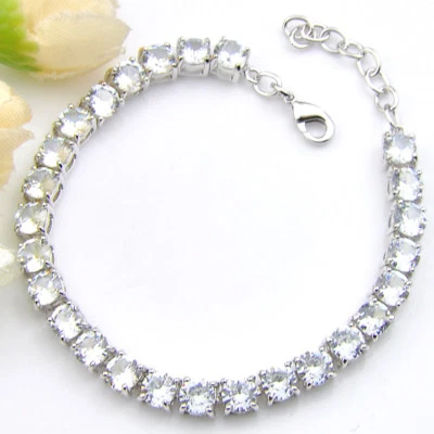 Brazalete de plata con piedras preciosas de topacio blanco natural corte redondo de 5 mm 8 pulgadas Foto 1 de 4