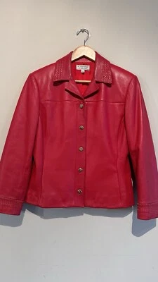 Chaqueta St. John Sport 100% Cuero Mujer Talla Pequeña P Rojo Botón Forrado Bolsillos Foto 1 de 4