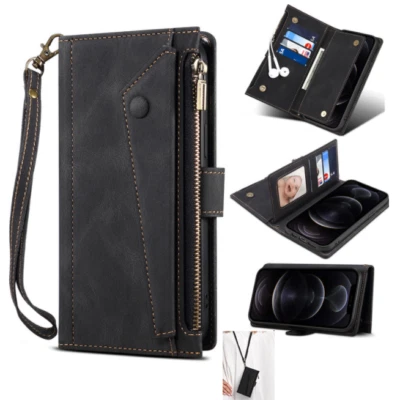 Zipper Men/Lady Leather Card Magnetic Flip Wallet Case Lanyard Cover - Image 1 of 4