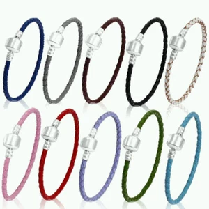 Silver Clasp faux Leather Woven Braided Love Bangle Bracelet DIY European Charm - Picture 1 of 20
