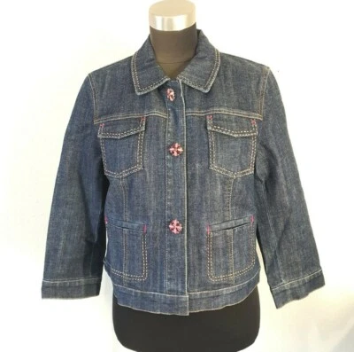 Elie Tahari Denim Jean Jacket Size Medium Embellished Beaded Coat Snap Closure - Изображение 1 из 4