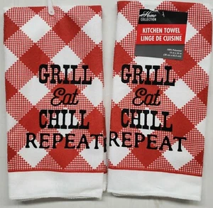 2 Same Microfiber Towels (15"x25") BBQ,GRILL,EAT,CHILL, REPEAT, RED & WHITE, GR - Picture 1 of 8