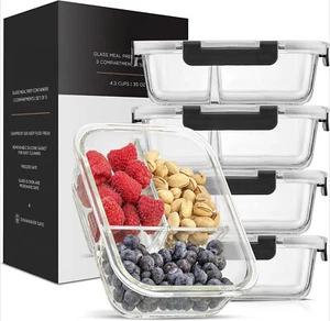 Divided 3-compartment glass lunch box set 5 sealed storage containers with lids. - Picture 1 of 8