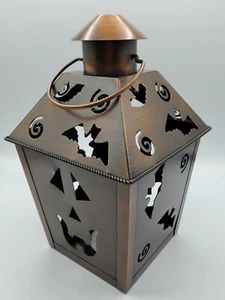 Halloween Tea Light Bronze Metal Pumpkin & Bats Candle Lantern  5.5 "x 10 Whimsy - Picture 1 of 10