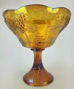 Vintage Indiana Kolonie Ernte Bernstein Karneval Glas Trauben & Blätter Kompott 81/2" - Bild 1 von 8
