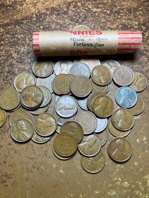 LINCOLN WHEAT CENT ROLL mixed 40's & 50's all "S" mints, 50 coins - Image 1 of 4