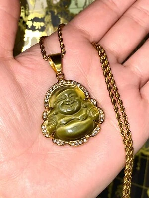 Collar Cadena Cuerda Buda Riendo Jade Verde Oro 14k Sobre Buena Suerte Foto 1 de 4