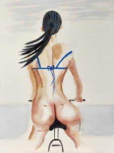 Nude Lady on Bike, Titled- KIM, Watercolor~HAND PAINTED, NOT A PRINT 9" x 12" - Imagen 1 de 2