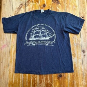 Vintage Charleston South Carolina Shirt Large Black Gray Striped Made in USA 90s - Picture 1 of 10