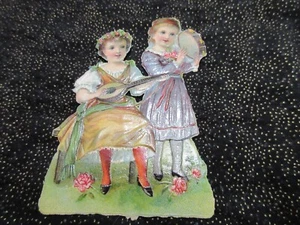 Antique EMBOSSED VICTORIAN SCRAP; GIRLS PLAYING LUTE & TAMBOURINE 3 1/2" X 2 1/2 - Picture 1 of 3