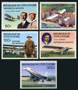 Ivory Coast 434-438,439,MNH. Aviation,1977.Aviators,aircraft,Concorde,Lindbergh. - Picture 1 of 2