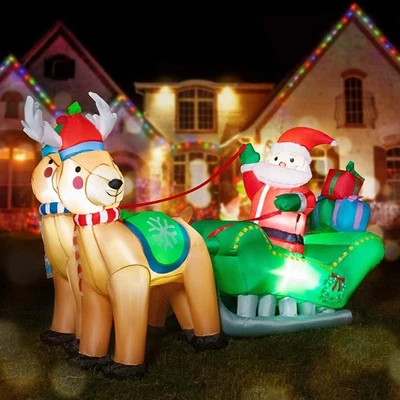 7FT Inflatable LED Santa Claus Reindeers W/ Sleigh Christmas Yard Decoration - Image 1 of 4