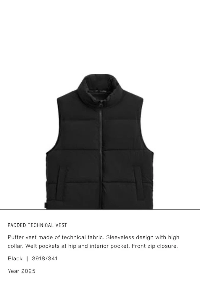 Chaleco Técnico Acolchado Zara Hombre Talla Pequeña Negro Cremallera Completa Foto 1 de 4