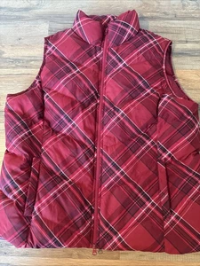 Talbots Down Feather Puffer Vest Red Black White Plaid Full Double Zipper 1X - Picture 1 of 8