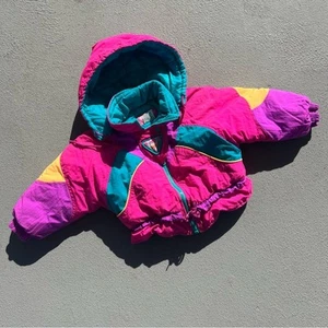Vintage 90s OshKosh B’Gosh neon pink purple color block winter parka puffer coat - Picture 1 of 6
