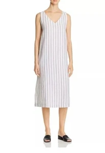 $298 NWT Eileen Fisher Linen Striped Sleeveless Midi Dress Sz PP or 2P-4P Petite - Picture 1 of 11