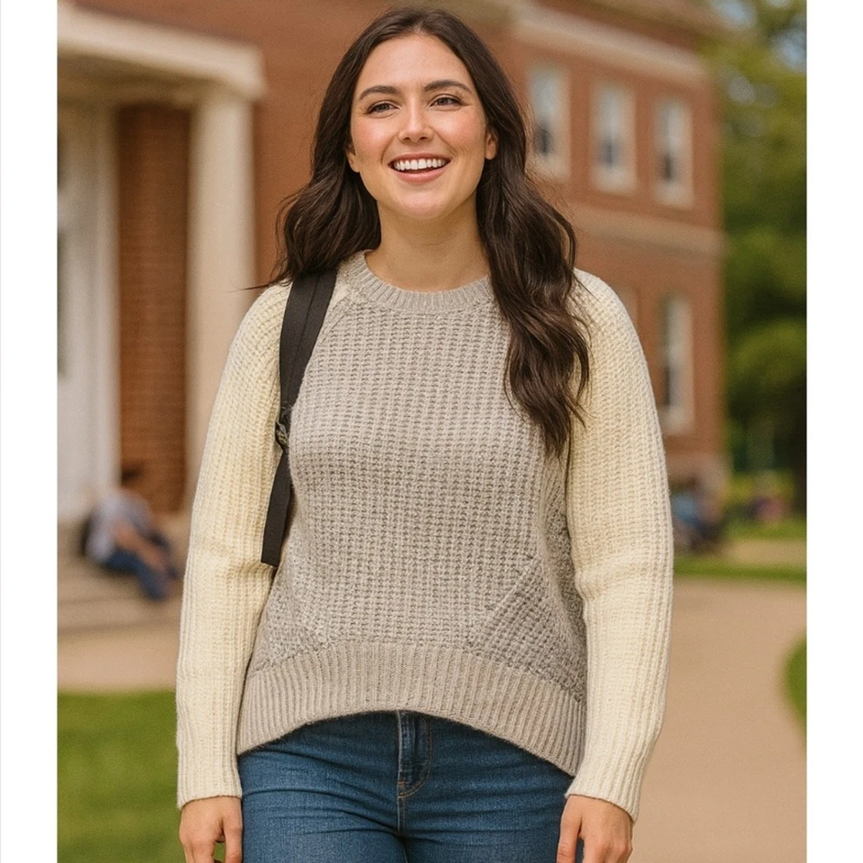 John + Jenn Women's Chunky Knit Crewneck Sweater Gray and Cream Colorblock Large - Image 1 of 4