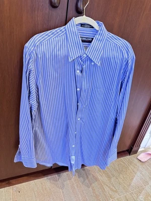 Kirkland Signature Shirt Mens 17-34 Blue,White pink Stripe Long Sleeve Button Up - Image 1 of 4