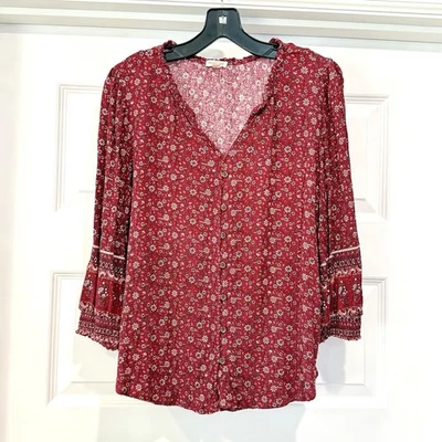 Blusa Top Mason & Belle Para Mujer Talla L Floral Roja Cuello en V Manga 3/4 Abotonada Foto 1 de 4