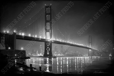 黑白金门大桥艺术绘画印刷品 - 4 种尺寸 - 旧金山 — 第 1/3 张图片