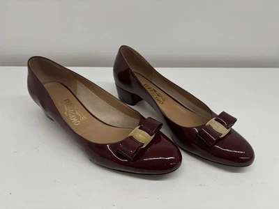 Authentic Salvatore Ferragamo Bow Burgundy Patent Leather Shoes Size 10 B - Image 1 of 4