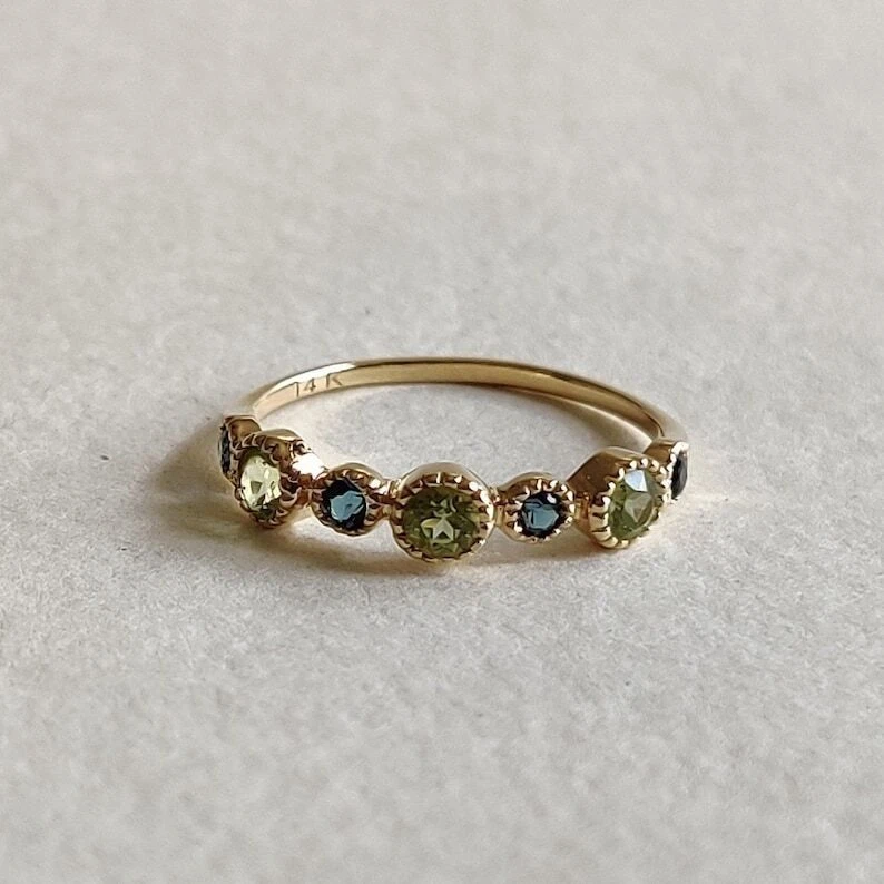 Natural Peridot and London Blue Topaz Solid 14k Yellow Gold Stackable Ring - Image 1 of 4