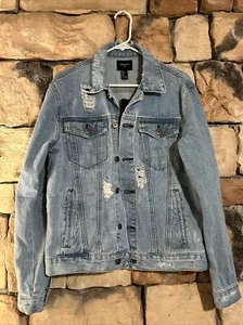 S New Denim Jacket Forever 21 Mens Worn Distressed Look Ripped Style Grunge CA - Picture 1 of 6