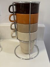 Mulberry Home Collection Stackable 4 Coffee Mugs 15 oz with Rack Cup Brown Beige