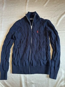 Polo Ralph Lauren Small Full Zip ChunkyCable Knit Boy Cardigan Jacket Navy Blue - Picture 1 of 5