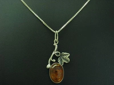 Collana In Argento Sterling 925 Con Pendente In Ambra / Argento Reale / 46,0cm - Immagine 1 di 3