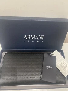 ARMANY JEANS NEW AUTHENTIC LEATHER BLACK ZIP DESIGNER LOGO PURSE WALLET - Picture 1 of 14