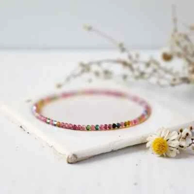 Natural Rainbow Tourmaline Healing Reiki Crystal Minimalist Stretchy Bracelet - Image 1 of 4