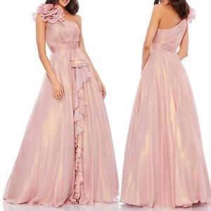 $498 Mac Duggal Iridescent One Shoulder Rosette Ruffled Sleeveless Gown #49252