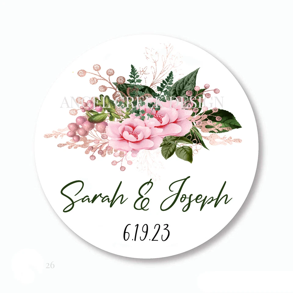 Pink Floral Wedding Favors Anniversary Labels Seals Tags Engagement Stickers - Image 1 of 1