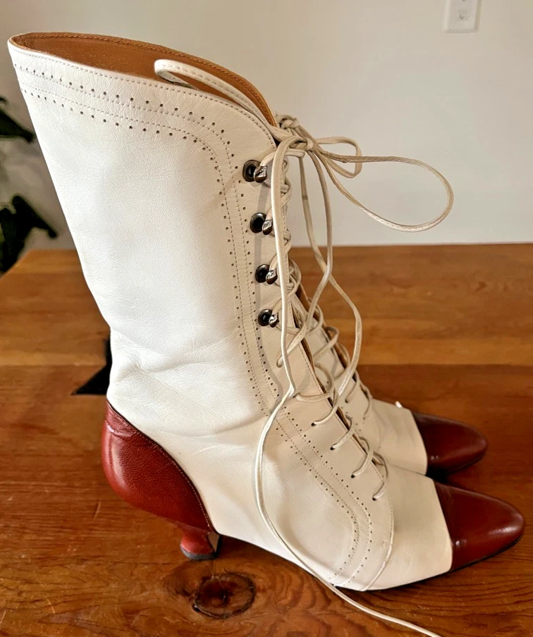 Vintage 1980s Norma Kamali Two Toned Leather Lace Up Boots Heels Women Sz 8 EUC - Image 1 of 4