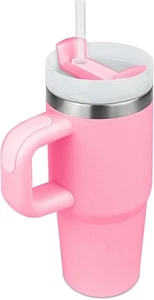 Edelstahl Trinkbecher mit Griff und Strohhalm 400 ml Rosa Schule Sport Outdoor - Picture 1 of 7