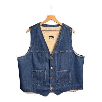 Vintage 70s wrangler western Sherpa Blue denim vest XL. - Image 1 of 4