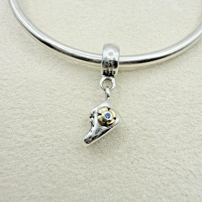 Pandora Sterling Silver Two Tone 14K Gold Baby Boy Booties Dangle Charm Bead - Image 1 of 4