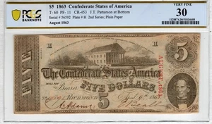 T-60 PF-11 1863 $5 Confederate Paper Money - PCGS-B Very Fine 30 - Picture 1 of 2