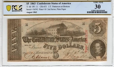 T-60 PF-11 1863 $5 Confederate Paper Money - PCGS-B Very Fine 30 - Image 1 of 2