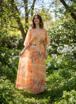 Vintage Edith Flagg Maxi Dress - Orange Floral Chiffon Kaftan Style - Size Small - Image 1 of 4