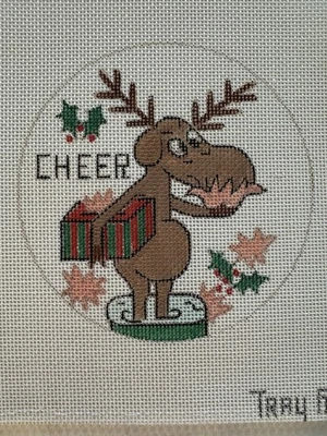 Vintage Tray Point “Cheer” Reindeer Christmas Round Ornament Needlepoint Canvas - Image 1 of 3